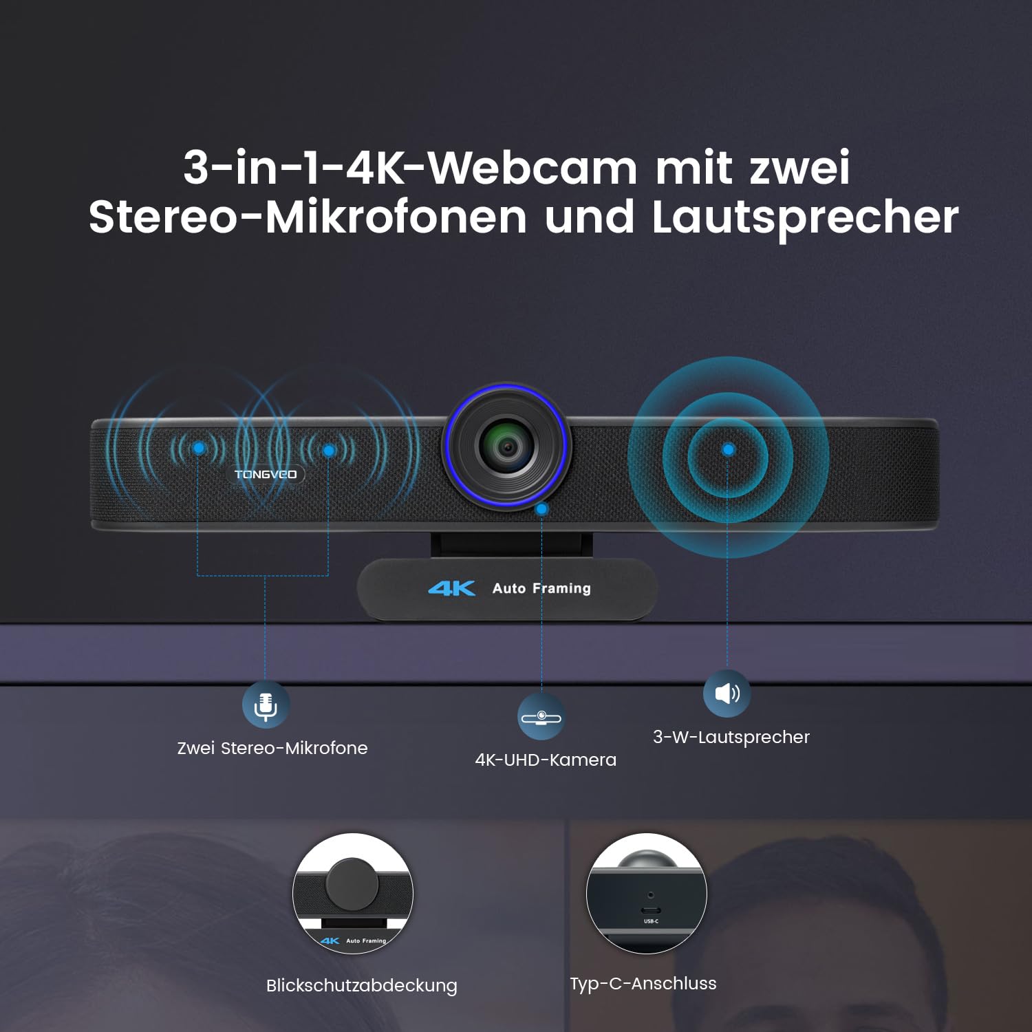 TONGVEO KI-Autotracking 4K Webcam mit Mikrofonen und Lautsprecher, 5-facher Digitalzoom ePTZ Webkamera mit Fernbedienung und Zwei mikrofonen, Konferenz-Webcam für Zoom, Skype, OBS, YouTube