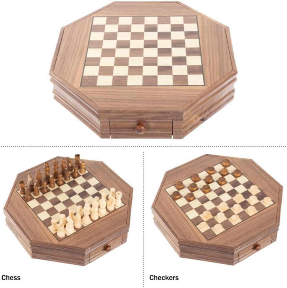 Octagonal Chess Set - Wooden Chessboard with 2 Storage Drawers and Carved Staunton Pieces - Classic Board Game for Kids 14 Years and Over by Trademark Games