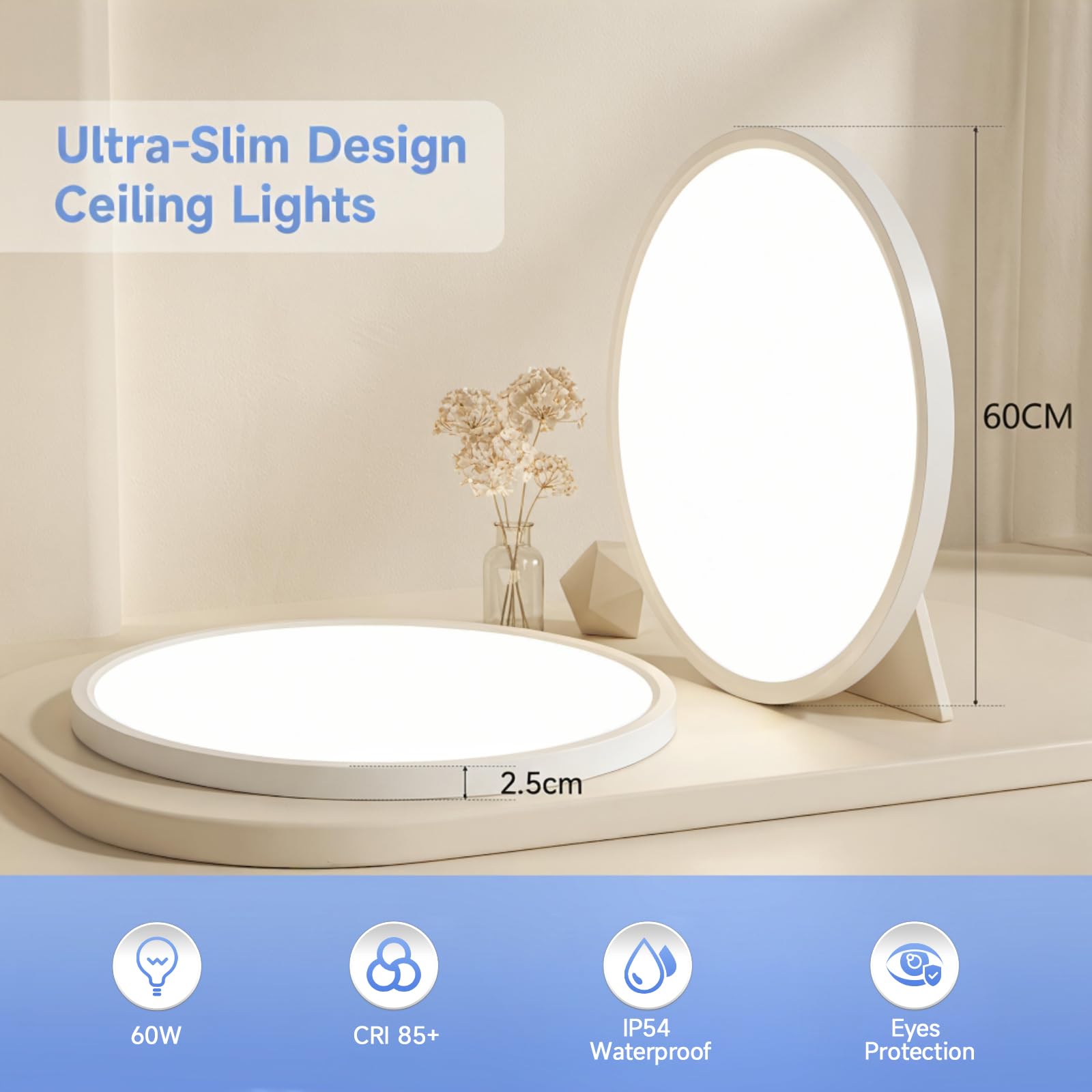 Okrągła lampa sufitowa LED 60 cm, 60 W, 3000 K, 6500K, regulowana możliwość ściemniania z pilotem, duża lampa sufitowa do salonu, sypialni, biura, wodoodporna IP44, do łazienki, kuchni, CRI>85 bez