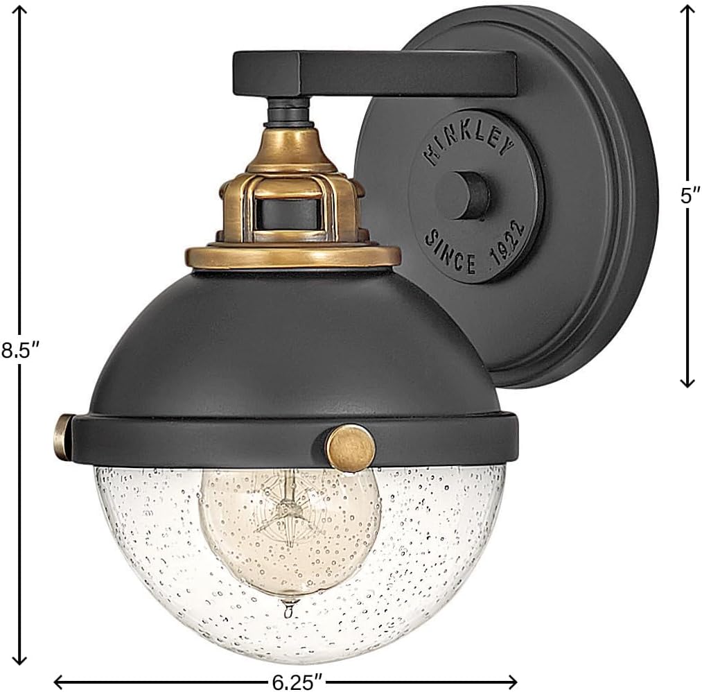 Hinkley Fletcher 5170BK Single Light Vanity Wall Sconce, Vintage Industrial Fixture, Clear Seedy Glass, Bath and Beyond, Black and Heritage Brass