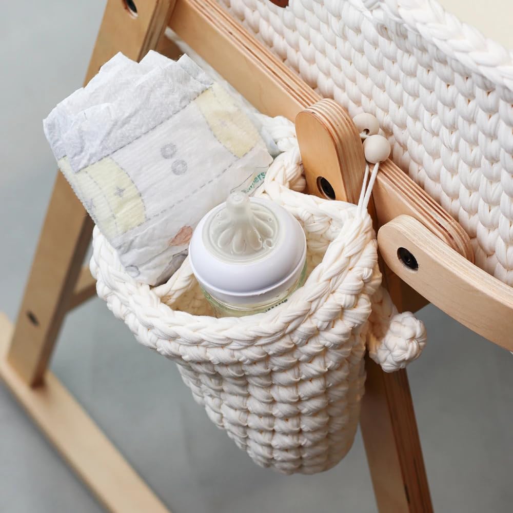 LIINI® Babywiege mit Moseskorb – sanfte Wiegebewegung, handgehäkelt, nachhaltiges Holzgestell, inkl. Matratze & Zubehör – ab Geburt bis 9 kg – Farbe Cream