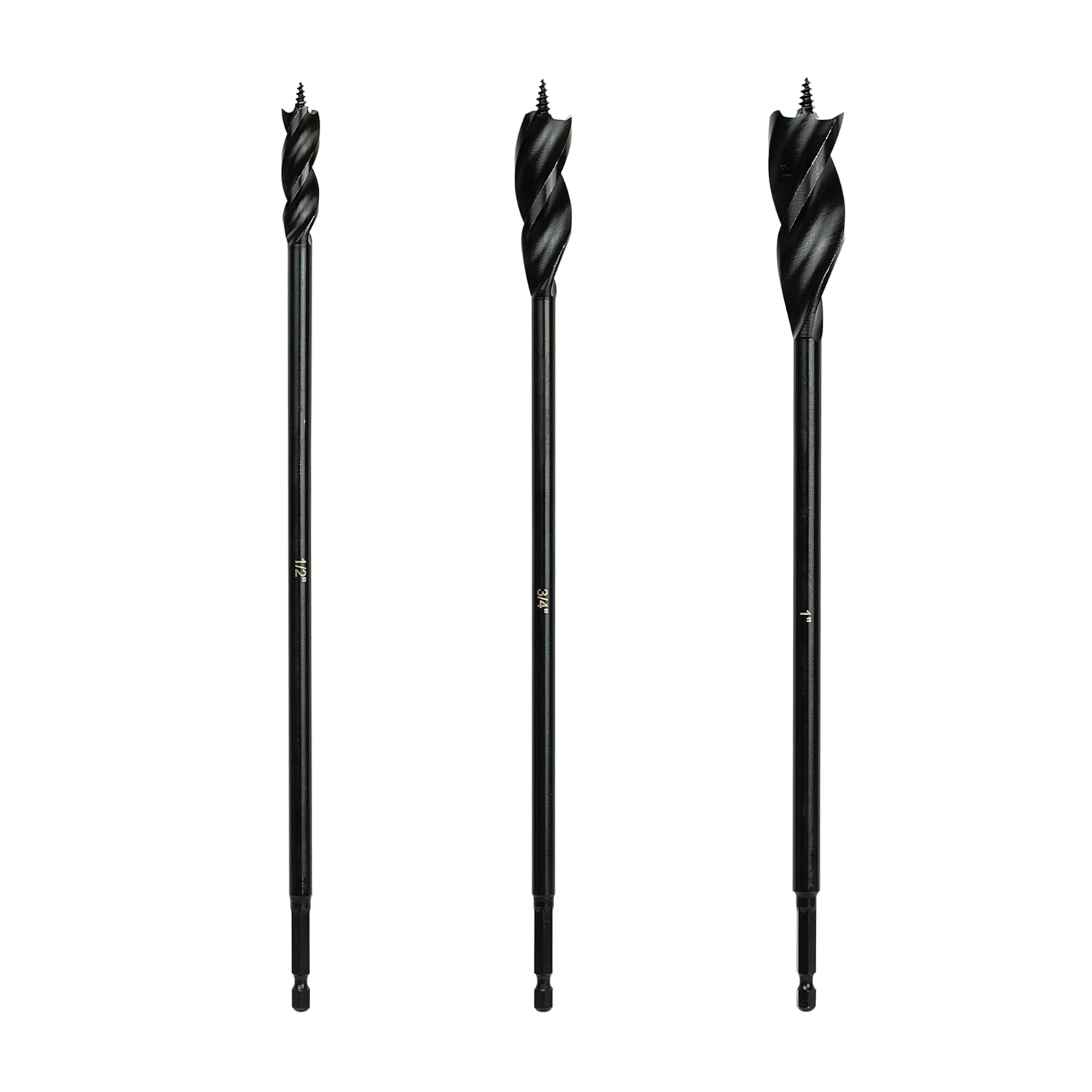 Greycore Tools 3-Piece 12 Inch 3-Flute Auger Bit, Wood Drill Bit for Hard and Soft Wood, 1/4” Quick Change Shank, Woodworking Auger Bits (12” Set 1/2”, 3/4”, 1”)