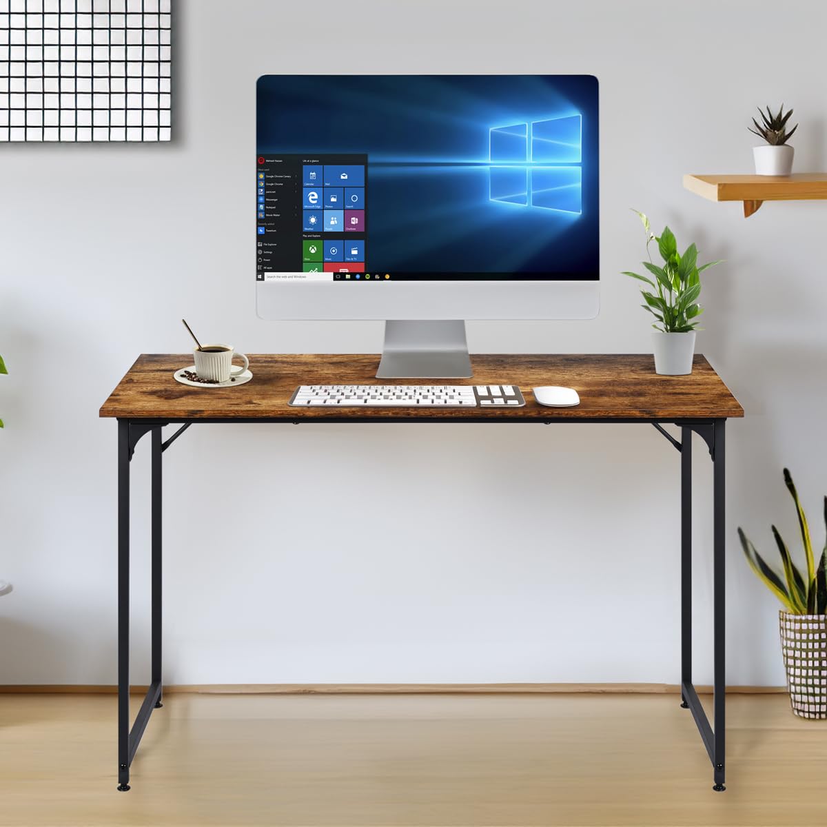 T-LOVENDO.ES Mesa de Ordenador Estrecha, Escritorio de 120 cm x 60 cm, Pequeña Mesa de Oficina de Diseño Industrial, para Oficina en Casa, Estudio, Salón, de Trabajo, Estructura de Metal, Madera