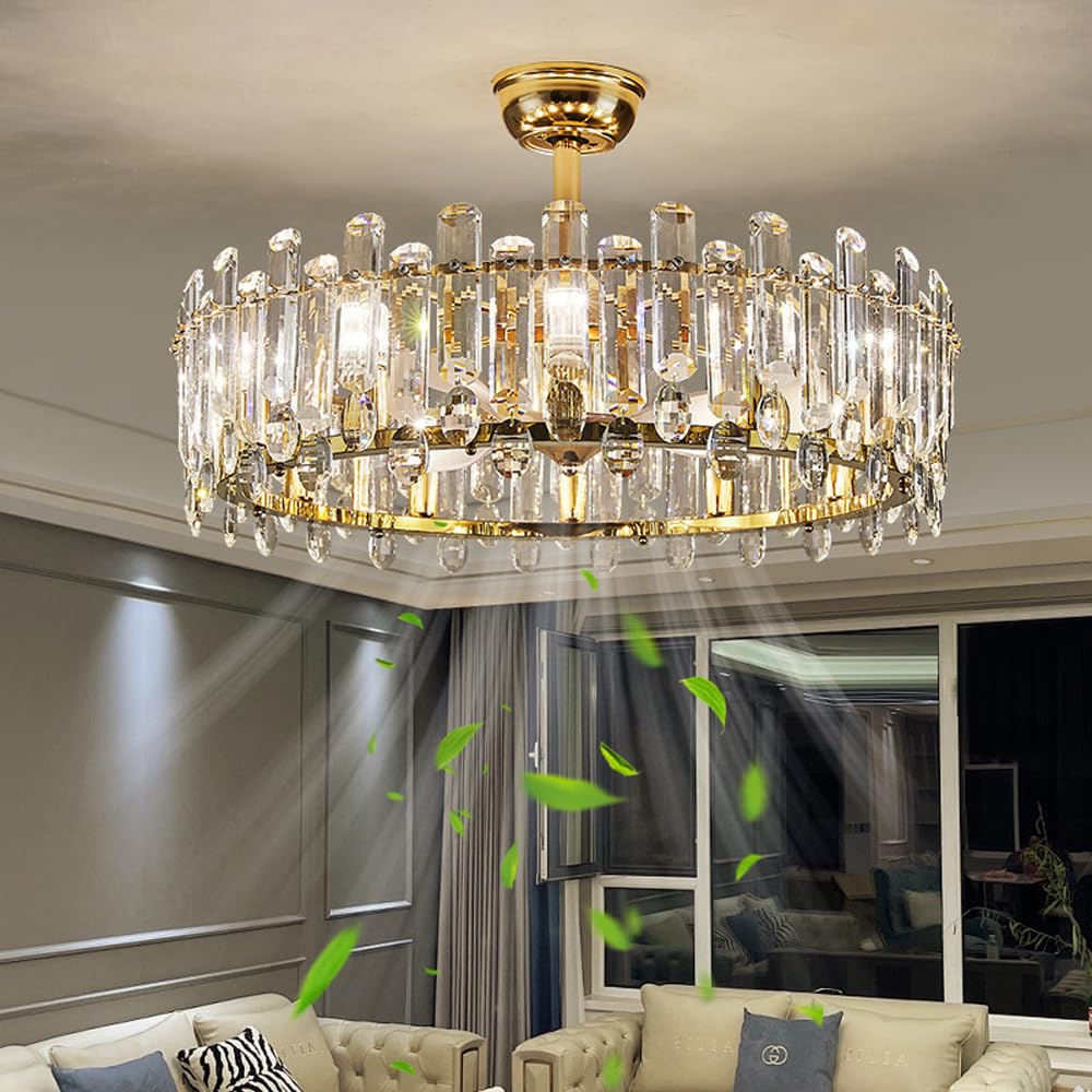 HXYSXHJUO 21" Modern Ceiling Fan With Crystal Light Gold Fandelier Remote 6 Speed Reversible Large For Living Room Bedroom Dining