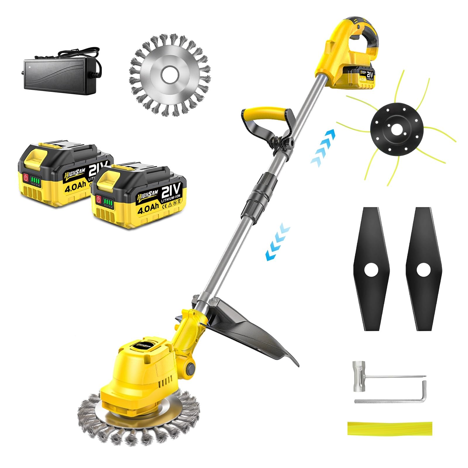 4-in-1 Akku-Rasenmäher mit Unkrautbürste und Zwei 4.0Ah Akkus, 9 Zoll Bürstenloser Motor Multi-Klingen-Trimmer-Set,Verstellbarer Griff, um 90° schwenkbarer Kopf für Garten Baumschnitt,Rasen