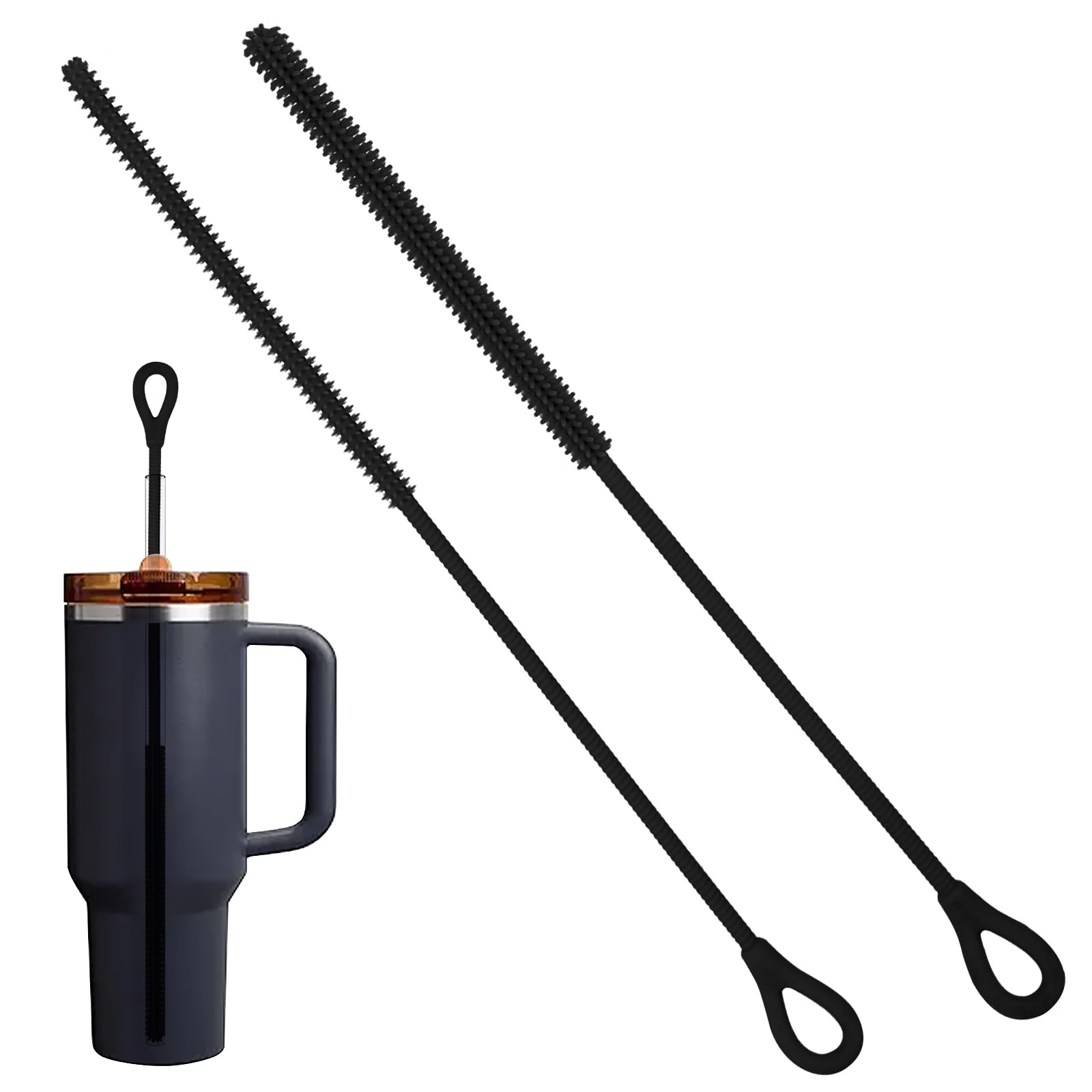 Cabipeove Black 2Pcs Silicone Straw Cleaner Brush, 9.84In Reusable Straw Cleaner With Bendable Steel Core, Extra Long Soft Bottle Brush For Clearing Glass Straws, Smoothie Straws, 9Mm&6Mm (Black)