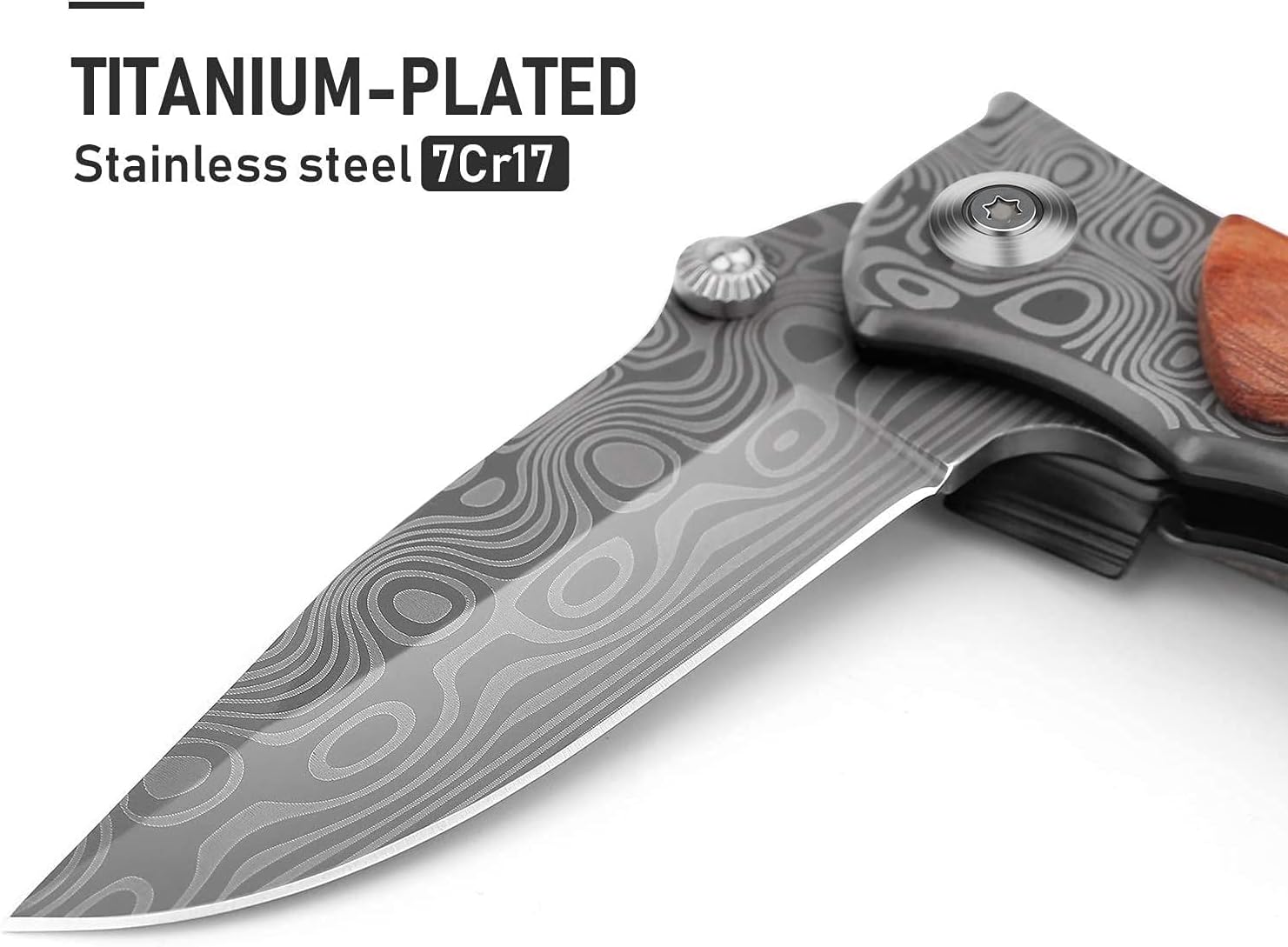 GVDV Pocket Folding Knife with 7Cr17 Stainless Steel, Tactical Knife for Camping Hunting Hiking, Safety Liner-Lock + Belt Clip, Wooden Handle, Father’s Day Gifts for Men Husband Dad - - 