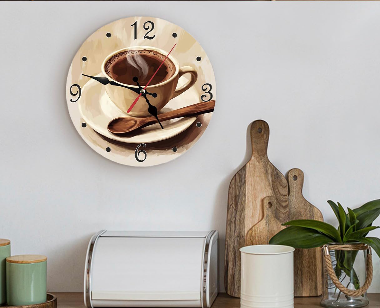 Reloj de pared redondo silencioso de 10 pulgadas, funciona con pilas, decorativo para sala de estar, dormitorio, cocina, baño, comedor, oficina o escuela (taza de café marrón)
