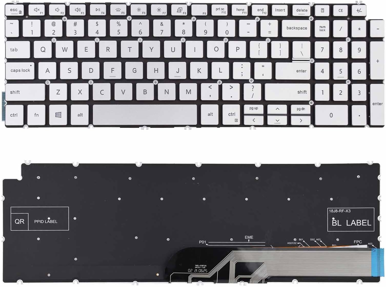 TLBTEK Backlight Keyboard Replacement Compatible with Dell Inspiron 15 5000 5501 5502 5508 5584 P85F 5590 P88F 5593 5594 5598,15 3501 3502 3505,15 7000 7590 7591 7791 Series Laptop（Silver ）
