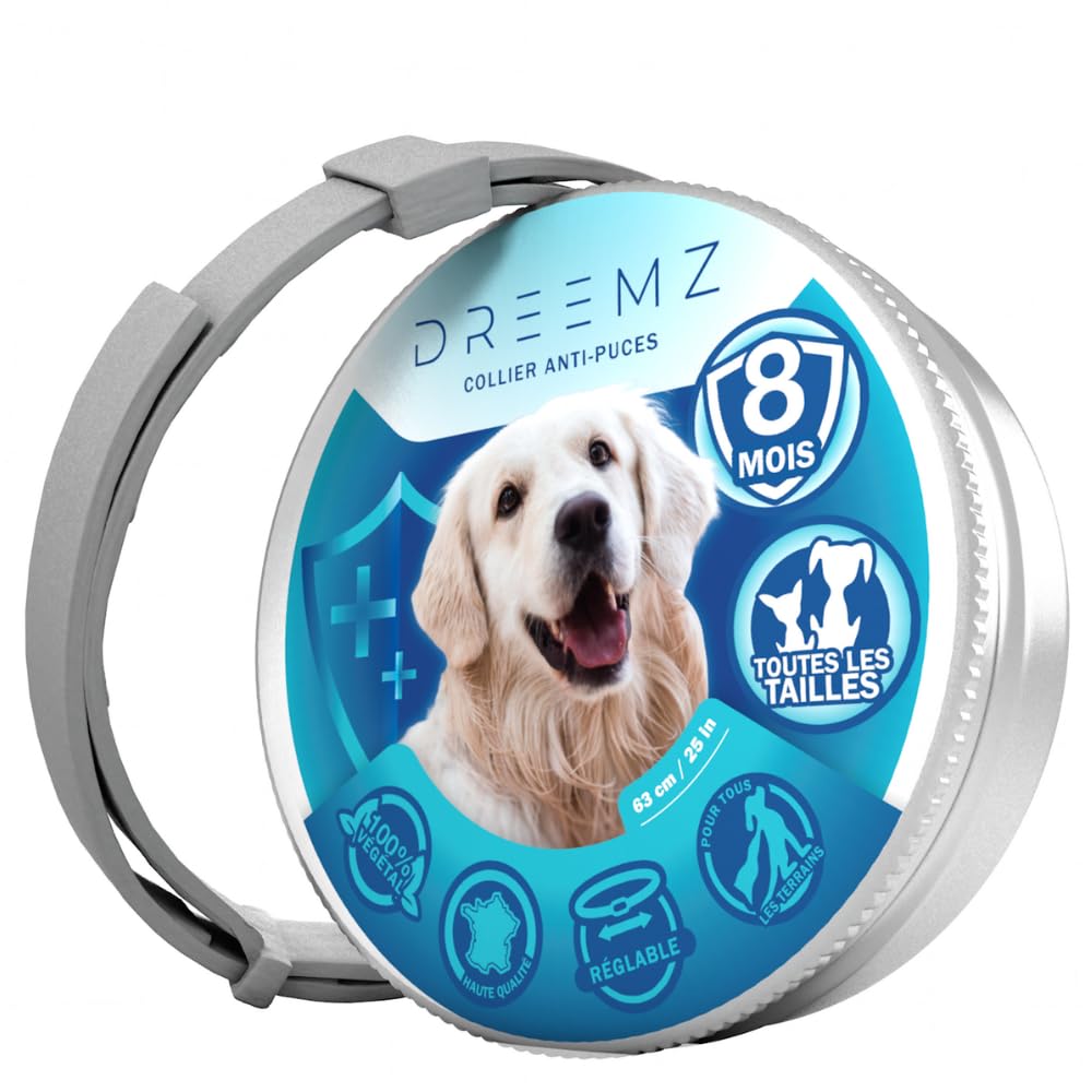 DREEMZ® Collier Anti Puces pour Chien - Collier Anti Puce Chien - Anti Tiques Haute Qualité - 8 Mois de Protection - 63cm Réglable Toutes Tailles - 100% Naturel - Imperméable déperlant (1 unité)