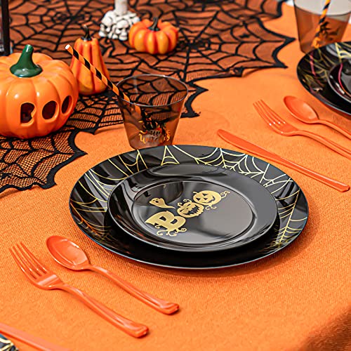175Pcs Halloween Black Plastic Plates With Gold Spider Web & Smiley Pumpkin, Orange Disposable Cutlery, Gold Witch Printed Black Cups And Paper Straws Ideal For Halloween Party, Serve For 25 Guests #TOP4