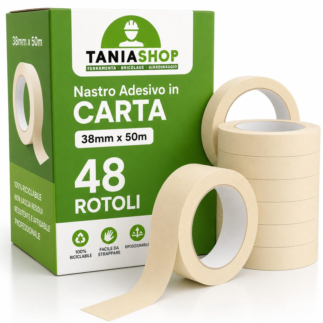 TANIASHOP Nastro Adesivo Carta Gommata 48 Rotoli 38mm X 50mt per Mascheratura imbianchino Carta Professionale Riciclabile Resistente Preciso e Versatile Nastro per Carrozziere e Lavori di Pittura