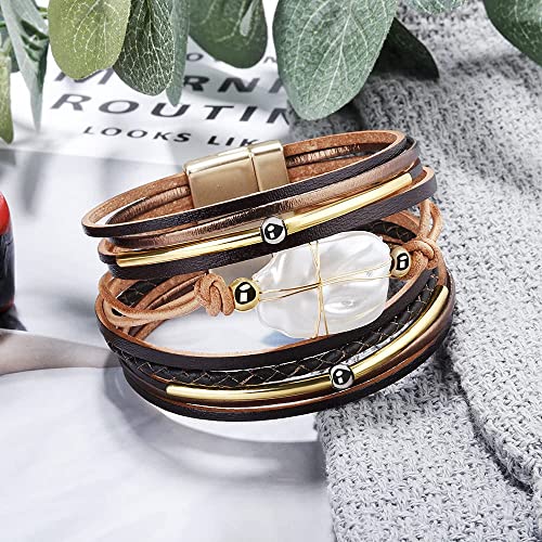 Image of Fesciory Leather Wrap Bracelets for Women, Boho Leopard Multi-Layer Crystal Beads Cuff Bracelet Jewelry