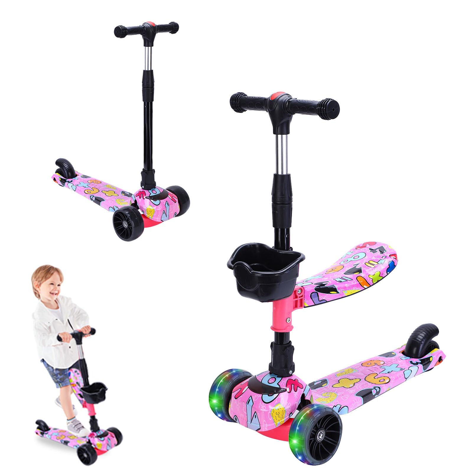 Beauenty Adjustable Kids Scooter, Three Wheel Kick Scooter for Kids, Flashing LED Wheel and Pedal Lights, 3-8-10years Old Boys and Girls Scooter
