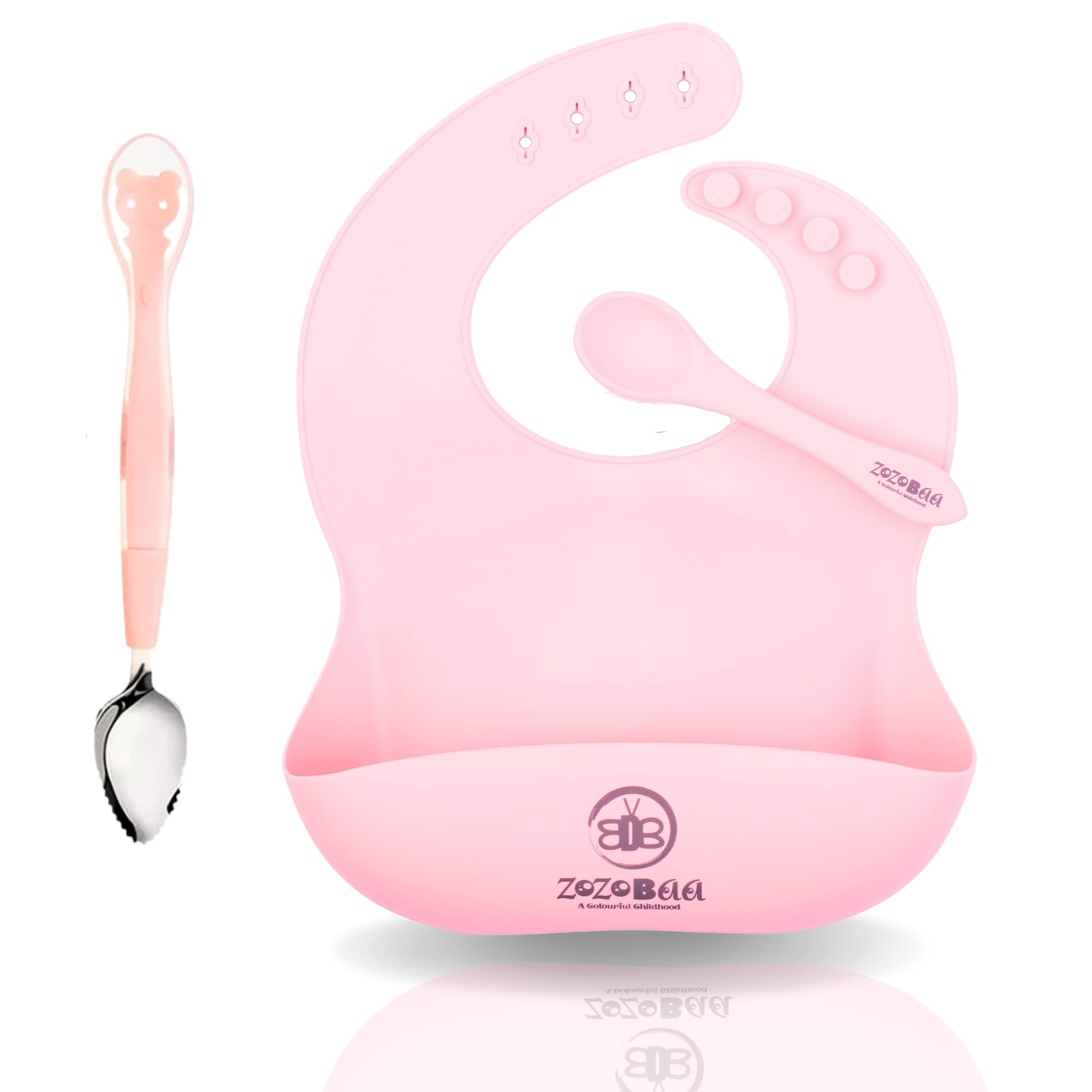 ZoZoBaa Stainless Steel Fruit Scraper Spoon with Silicone Bib for Toddler | Double Head 2 in 1 Silicone Baby Soft Tip Multi-use Fruit Scraping Spoon & Adjustable Feeding Bib Set, 1 Set,Pink-image-29