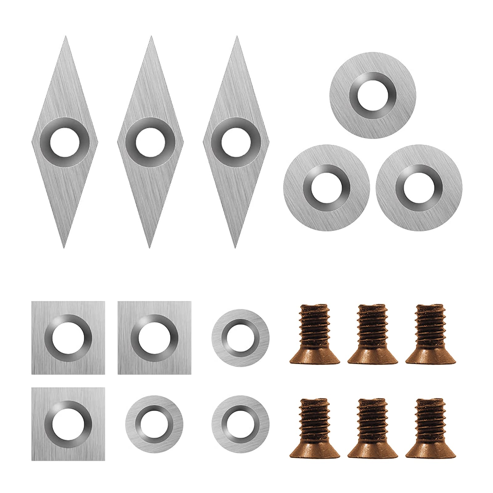 Plaquettes de Coupe en Carbure 12 pièces Outils Tournage Bois Inserts en Carbure Gouges Tournage Bois | Comprend un carré de 11 mm, un rond de 12 mm et 8,9 mm, un diamant de 30 x 10 mm avec pointe pointue, 6 vis.
