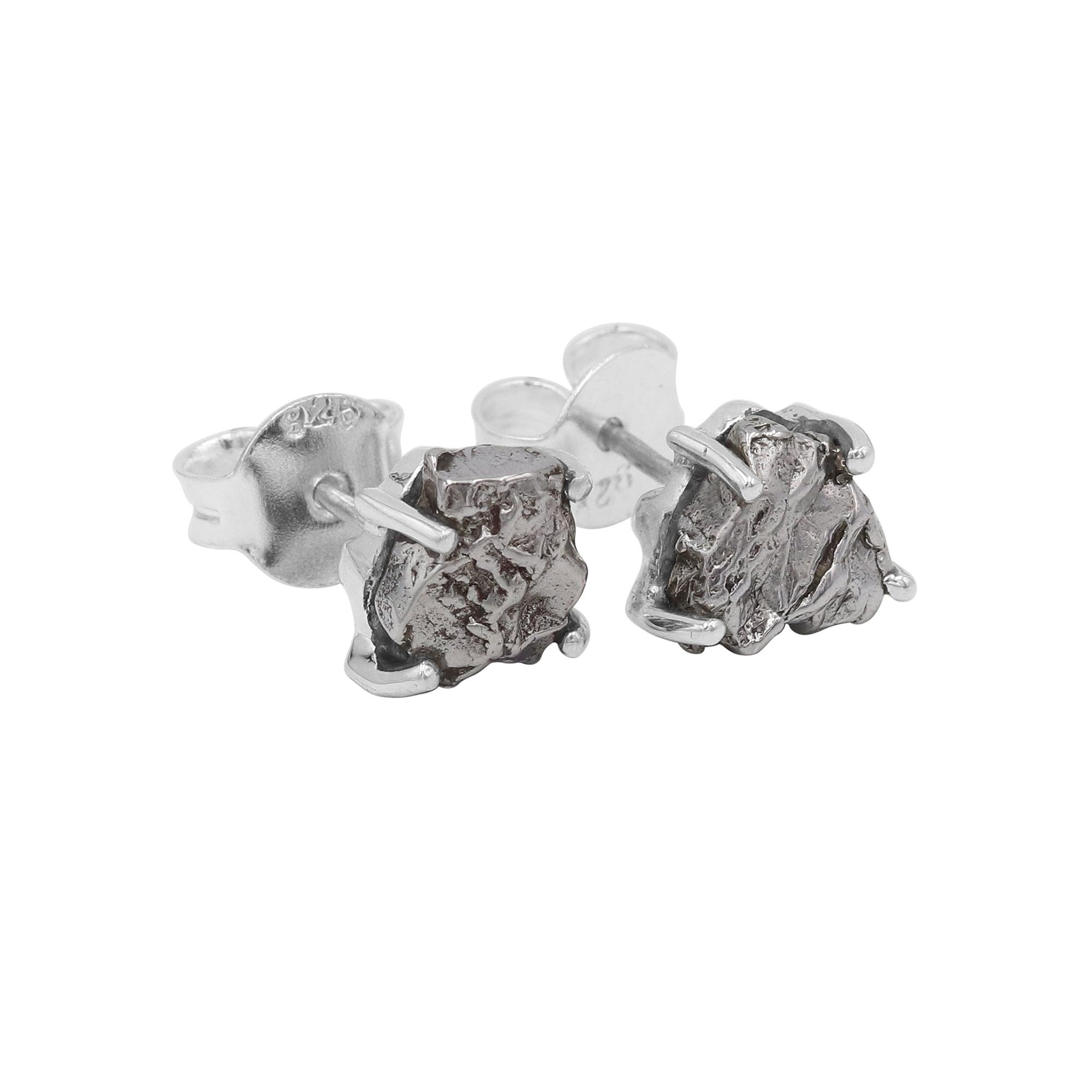 Meteorite Stud Earrings – 925 Sterling Silver, Rough Gemstone Jewelry for Women