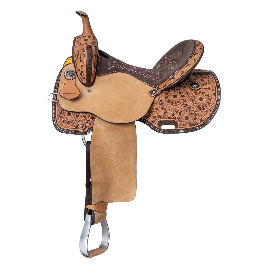 Sillín de caballo de cuero occidental de 8 pulgadas en miniatura para jóvenes y niños, juego de tachuelas para la cabeza, cuello de pecho y riendas