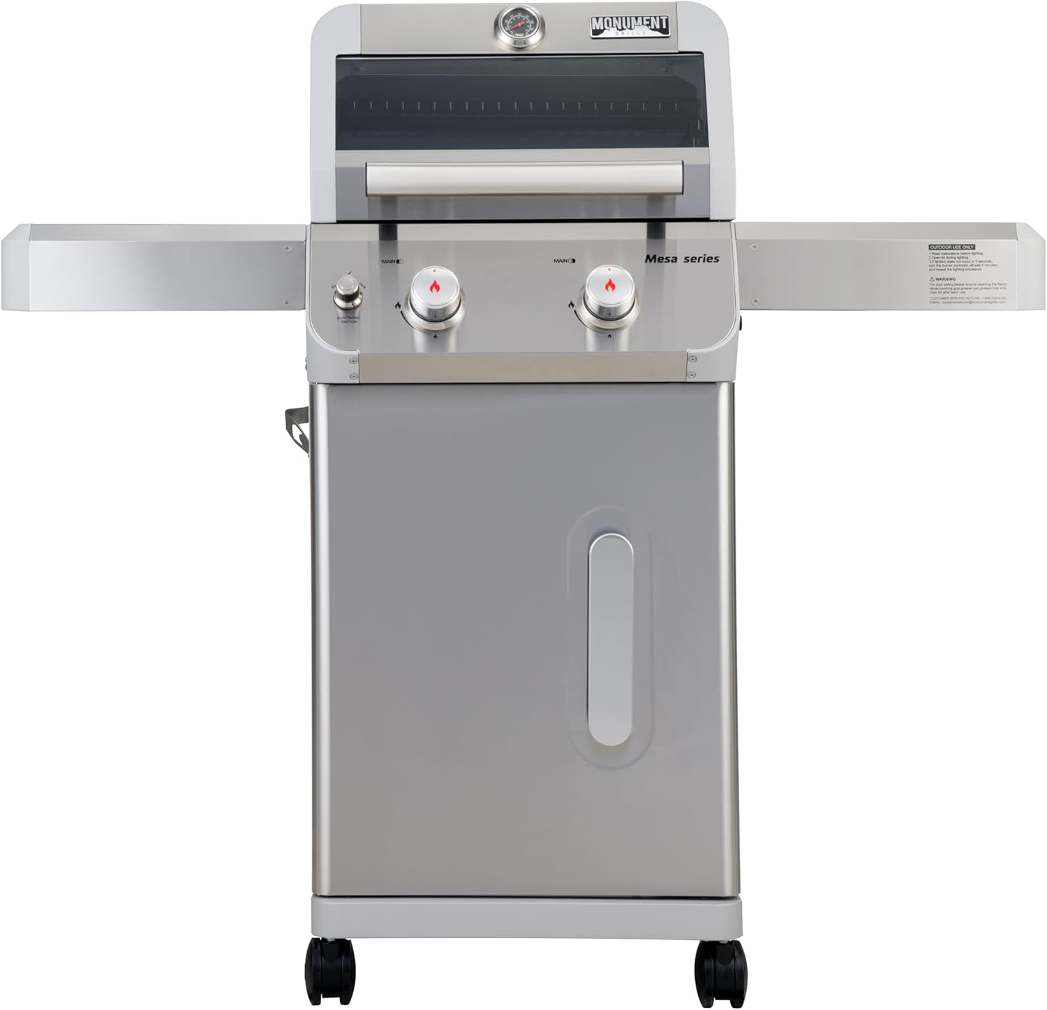Monument Grills 2-Burner Stainless Steel Liquid Propane Gas Grill, Two Foldable Shelves Patio Garden Barbecue Grill with Clearview Lid, Knob Control Mesa200S