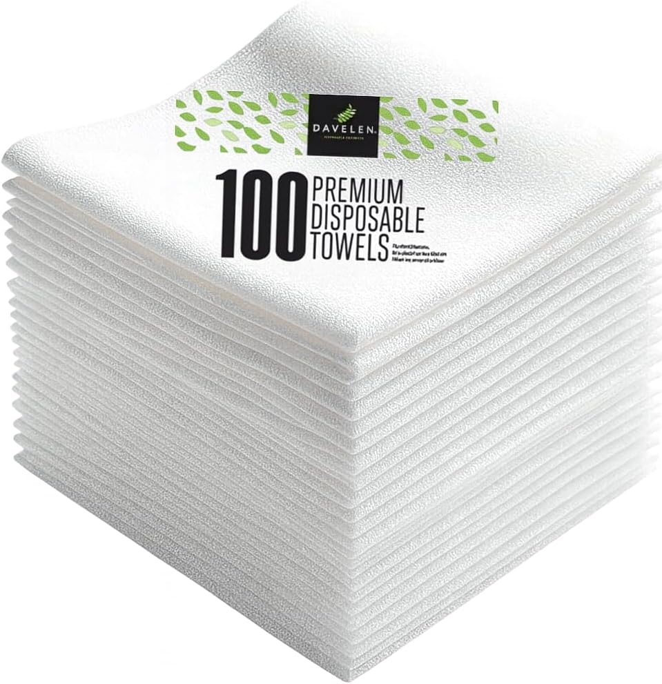DAVELEN Disposable Large Luxury Towels (100-Count) Spa and Salon Quality Softness for Guests, Clients | Hair, Face, Body Use | Luxurious Comfort, Ecofriendly (100, 32x16 inches)