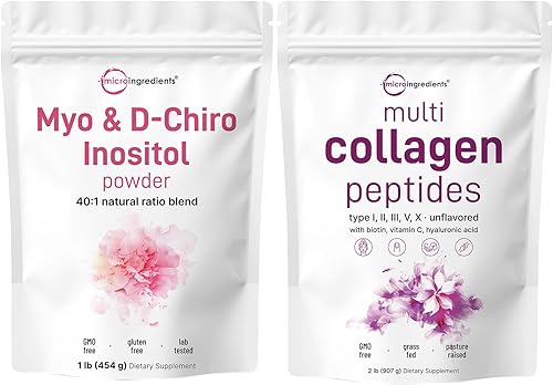 Micro Ingredients Polvo de proteína de colágeno múltiple de 2 libras y polvo de inositol Myo y D-Chiro, paquete de 2 unidades  Péptidos de colágeno
