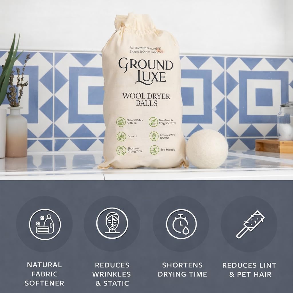GroundLuxe Bolas secadoras de lana de Nueva Zelanda de alta calidad, 100% orgánicas, fundidas a mano, reutilizables, reducen el tiempo de secado, juego de 6 para suavizar la tela natural, arrugas y