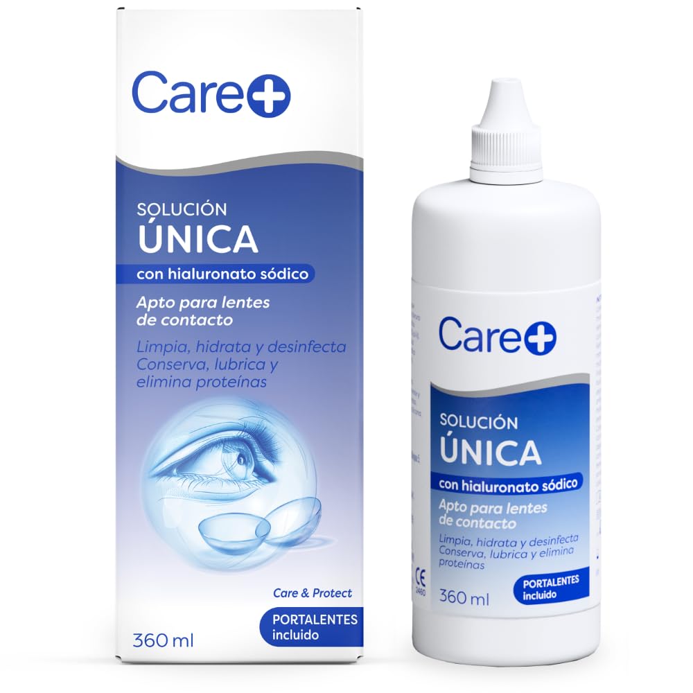Care+ Líquido de lentillas con Hialuronato Sódico, Solución única para contacto blandas, Limpia e hidrata, Alivio para Ojos Secos y Sensibles, con portalentillas, 360ml