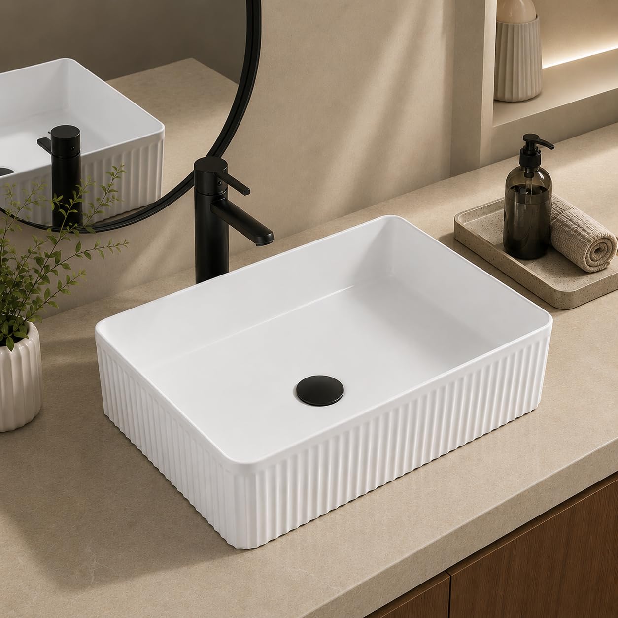 Modern White Ceramic Fluted Countertop Vanity Bathroom Basin Sink (Gloss White, Rectangular (500x340) mm)