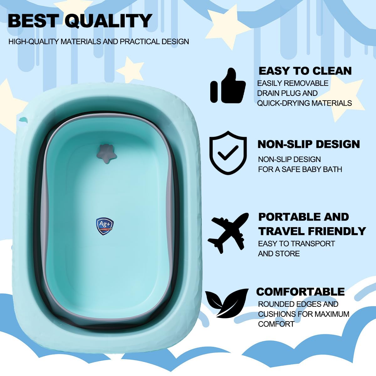 K IKIDO Bañera grande plegable para bebés de 0 a 72 meses Capazo ergonómico (324-azul)