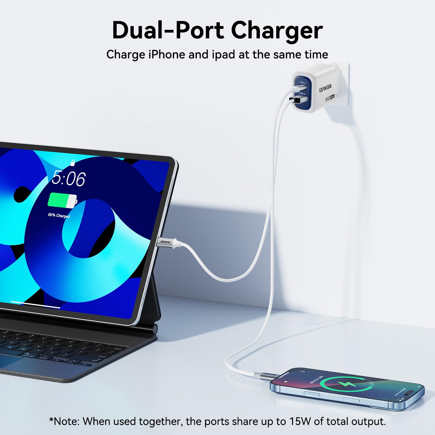 Ładowarka ścienna BENFEI GaN USB-C 33 W, szybki ładowarka 2-portowy dla iPhone serii 16/15, Galaxy S25/S24, iPad Pro, Steam Deck i inne urządzenia (zawiera kabel USB-C 60 W i 91 cm)