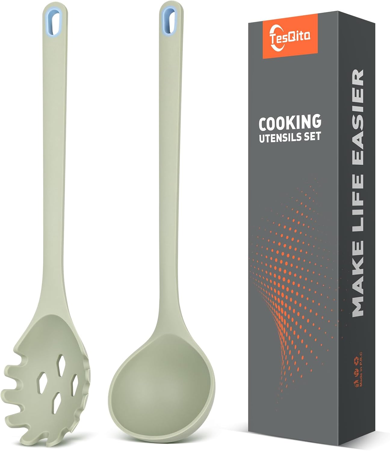 Silicone Spaghetti Spoon&Soup Ladle Cooking Utensils Set of 2,No Scratch for Nonstick Cookware,BPA Free, 450℉Heat Resistant (Green)