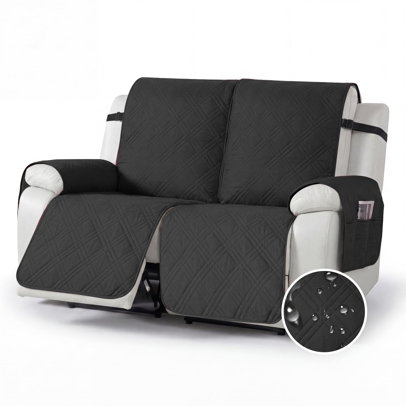 YushengTai Armchair Covers, 100% Waterproof, Anti-Slip, 2 Seater Recliner Chair Cover, Chair Covers for Armchairs with 4 Pockets, 2 Adjustable Straps (Black)