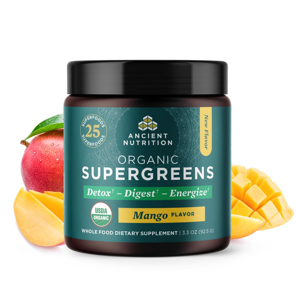 Ancient NutritionSuperGreens Powder with Probiotics, Organic Mango Flavor Greens, Made from Real Fruits, Vegetables and Herbs, Digestive and Energy Support, 12 Servings, 3.3ozUSDA Organic