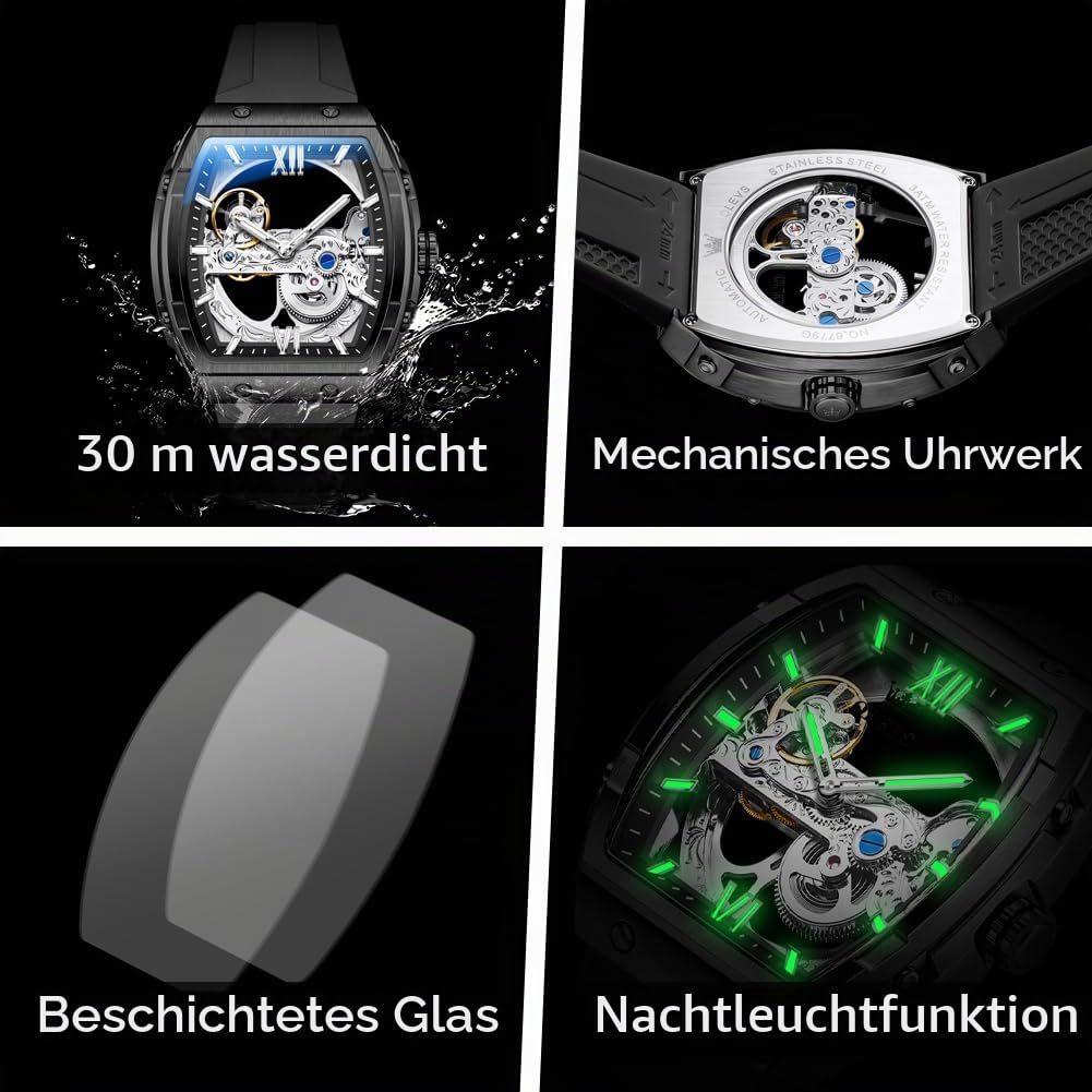 OLEVS Herren-Armbanduhr, modisch, analog, Mechanische Silikon-Uhrenarmband für Herren, rechteckig, großes Zifferblatt, wasserdicht, Militäruhr,Skelettzifferblatt