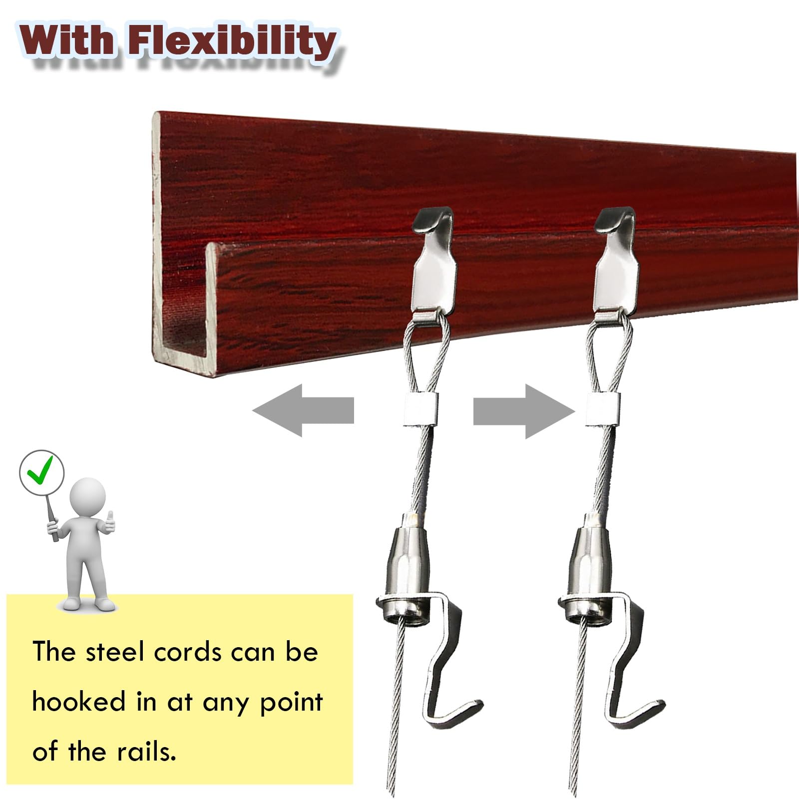 Kit de sistema colgante con riel de aluminio, cables de acero y ganchos ajustables para oficina y exhibición de obras de arte