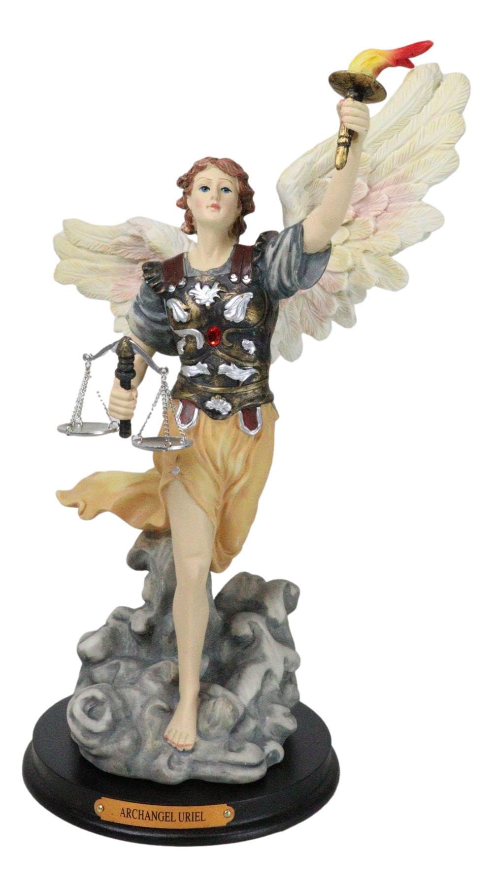 Ebros Byzantine Eastern Orthodox Catholic Church Archangel of The Angelic Council Saint Uriel The Fire of God Colorful Statue with Brass Name Plate Wooden Base