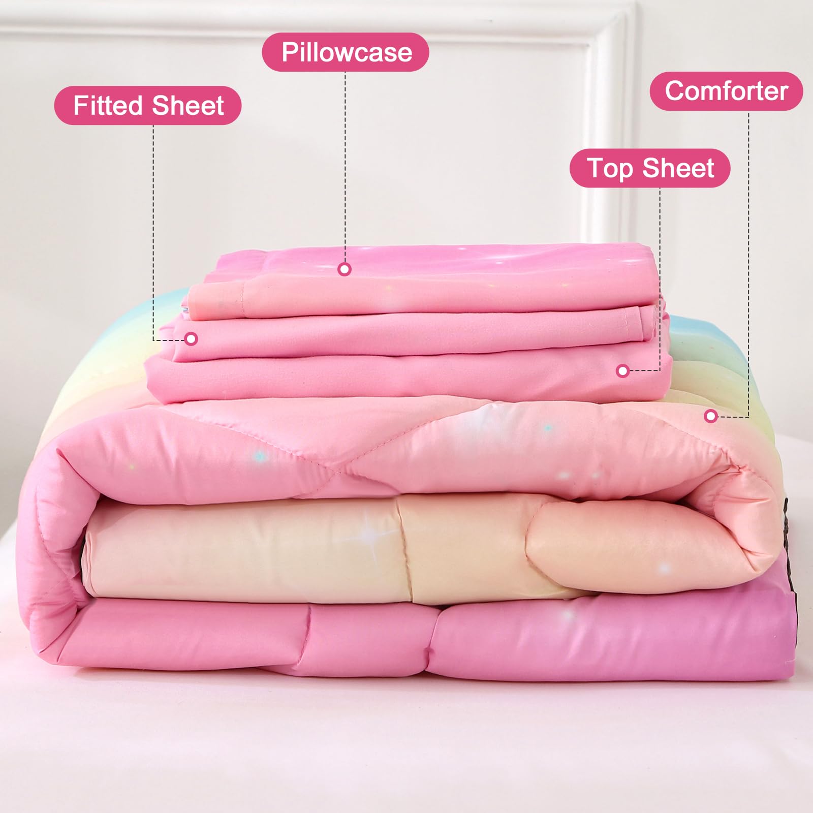 Wowelife - Set di biancheria da letto per bambine, 4 pezzi, colore: Rosa