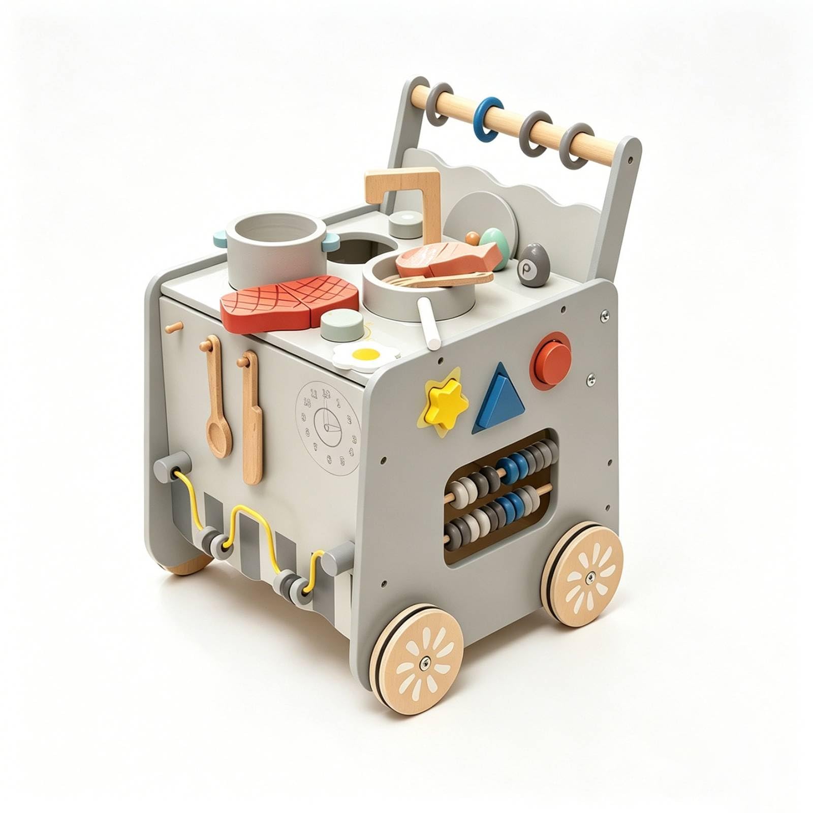 Carrello Educativo Bambini Giocattolo Cucina Carrello Attività Carro Spinta Legno Struttura Equilibrata Ganci Appendi Utensili Laterali