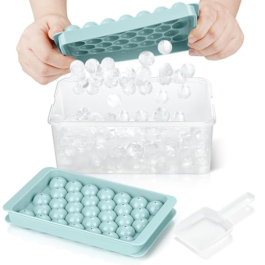 Round Ice Cube Tray with Lid & Bin Ice Ball Maker Mold for Freezer with Container Mini Circle Ice Cube Tray Making 66PCS Sphere Chilling Cocktail Whiskey Tea Coffee (2 Trays 1 Ice Bucket & Scoop)