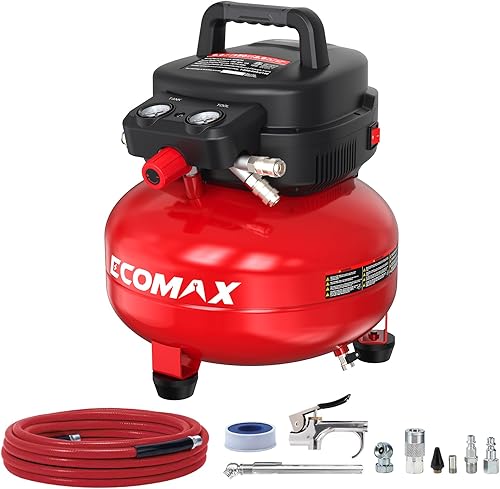 ECOMAX Compresor de aire de 6 galones 150 PSI Pancake tanque portátil sin aceite con kit de accesorios de 10 piezas