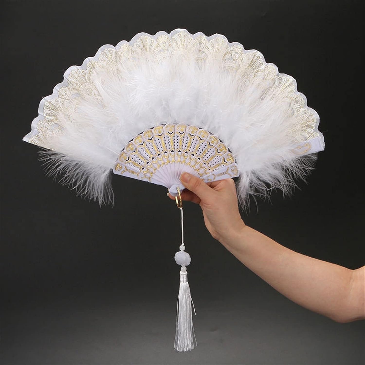 ROHCGHC folding fan, Handheld Feather Fan,Vintage Folding, Dance Hand with Pendant Gift Wedding Party Decoration(White With Pendant)