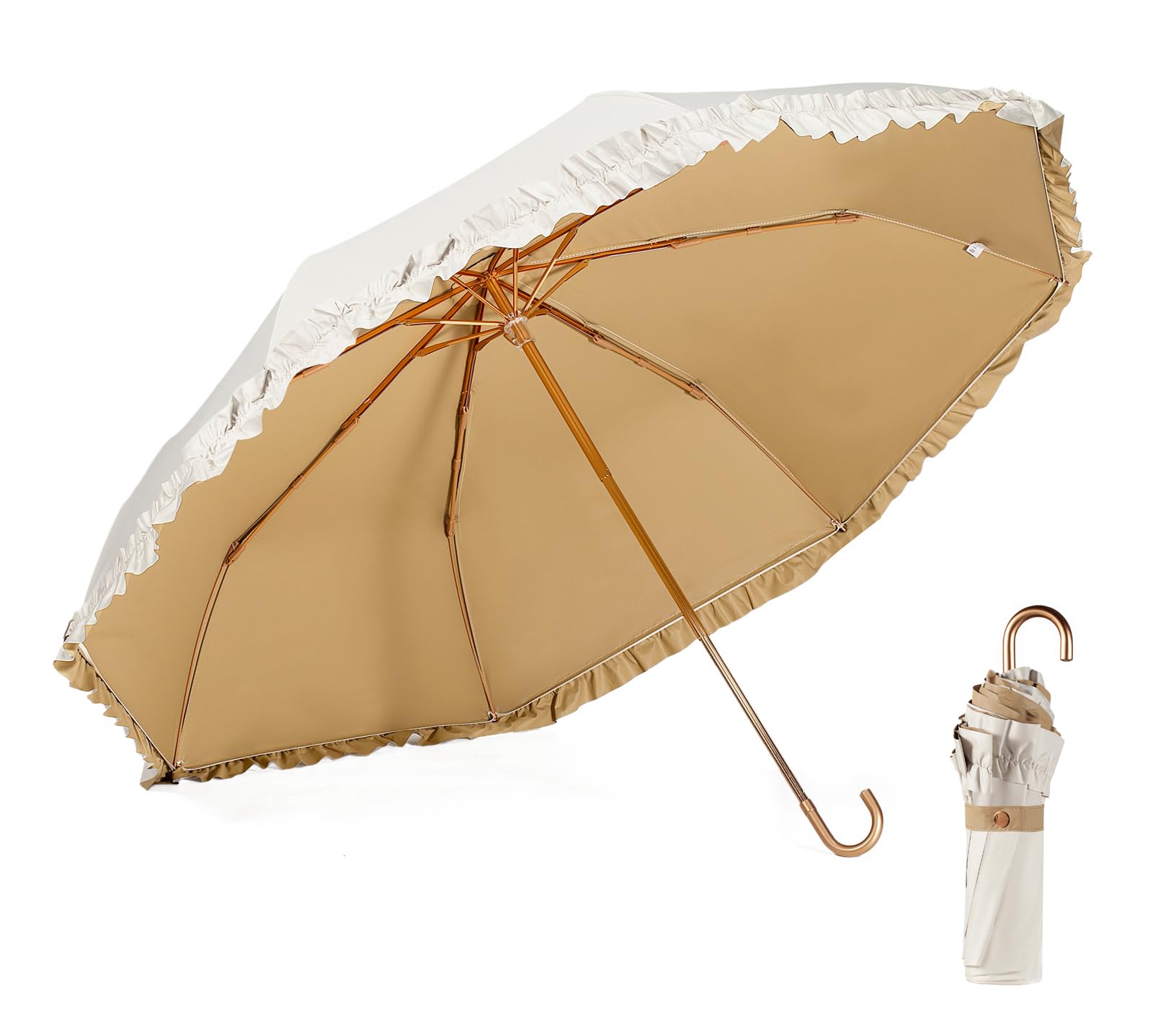 LCY Floral Edge Folding Umbrella Anti-UV Parasol with Hook Handle Sunproof Rainproof & Windproof Umbrella-White&Khaki
