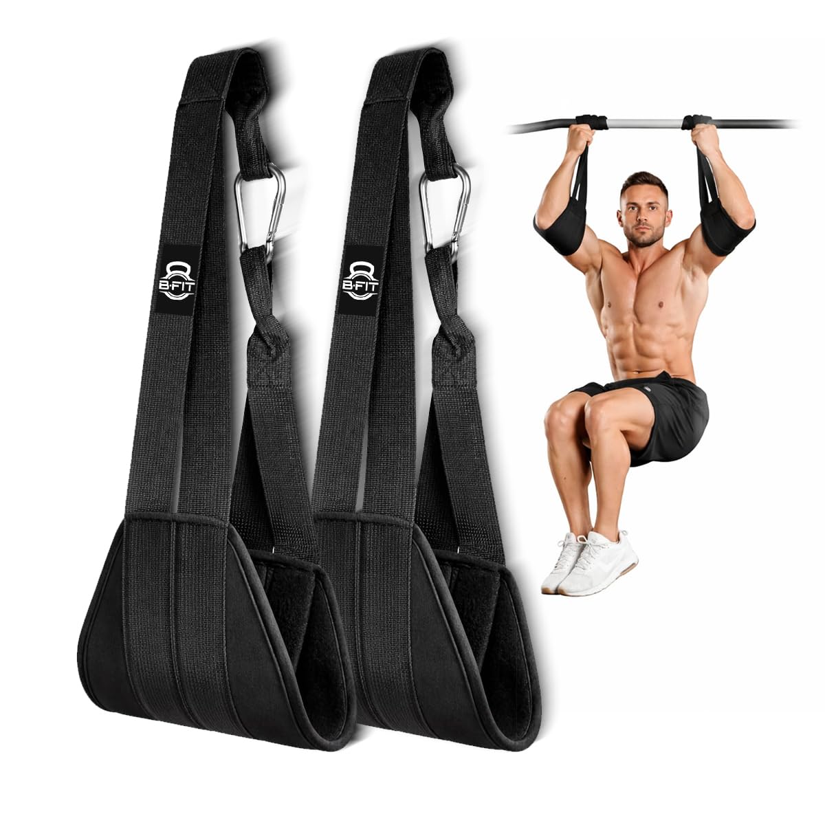 B Fit Fitness Hanging Ab Straps for Pull Up Bar & Core Strength Training - Soft Padded Exercise Straps for Ab Swing & Leg Raises, Hang Bar Strap with 2 Steel Carabiners - Abs Equipment for Home & Gym-image-2