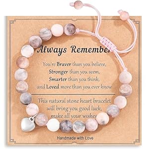 Natural Stone Healing Crystal Bracelets, Adjustable Stretch Pink Zebra Bracelet Crystal Jewelry Yoga Meditation Relax Gifts Friendship Birthday BFF for Women Teen Girls with Encourage Quote Card