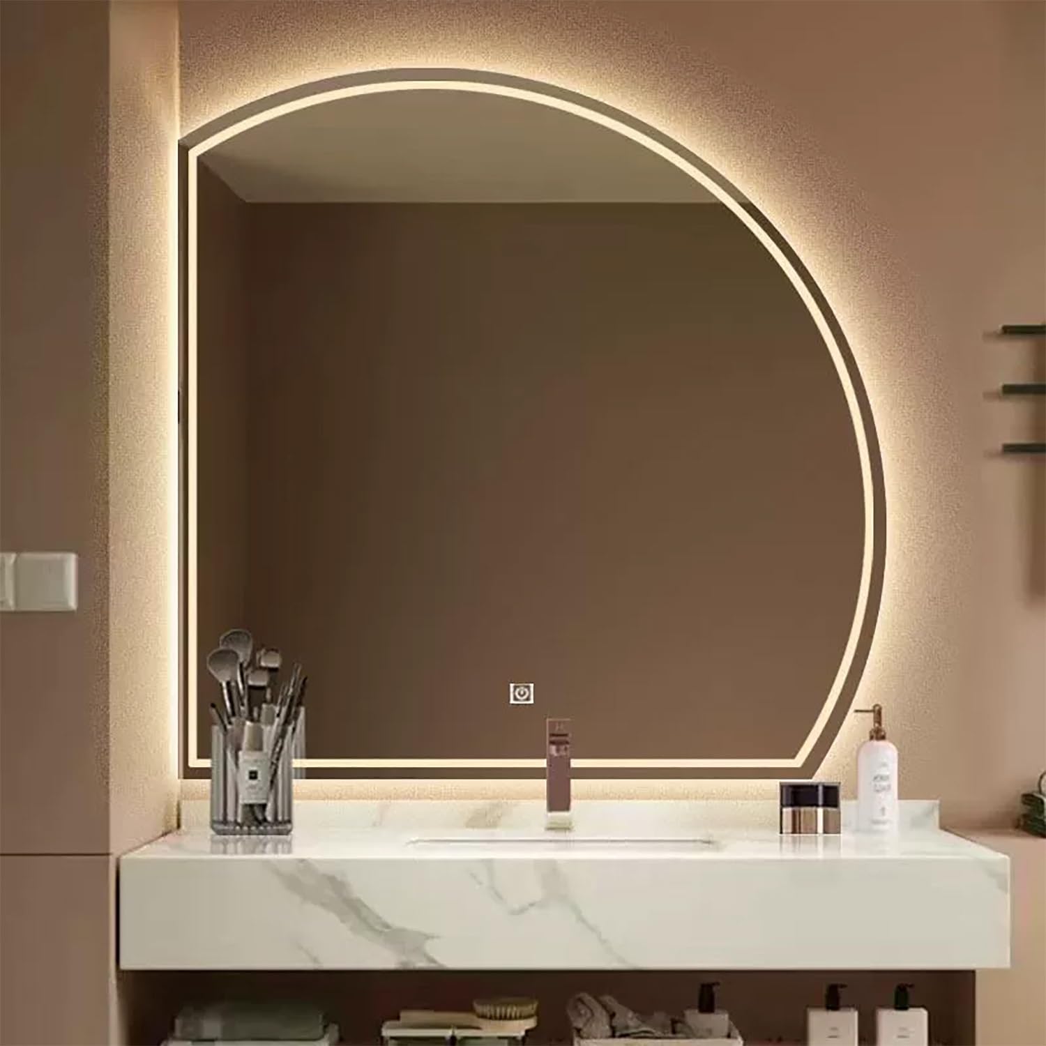 Halbrund Unregelmäßiger LED Spiegel, Beschlagfrei Spiegel Bad Halbkreis 80cm Intelligent Dekospiegel mit 3 Lichtfarbe Dimmbar, Touchschalter(Left Cut,44"x44")