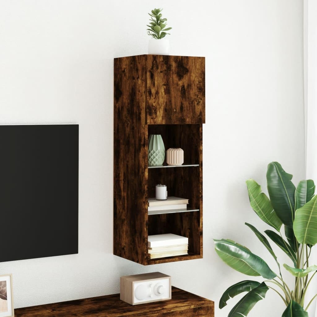 Générique Chene Fume szafka pod telewizor LED 30,5 x 30 x 90 cm | Solidne drewno konstrukcyjne, oświetlenie LED RGB, mocowanie na ścianie, duża pamięć DVD