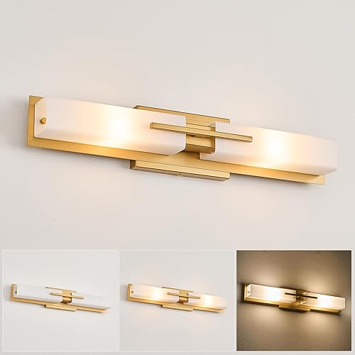 VitaLink Lámpara de tocador dorada, 23.6 pulgadas, moderna lámpara de pared de baño sobre espejo de tocador de vidrio esmerilado con 2 luces