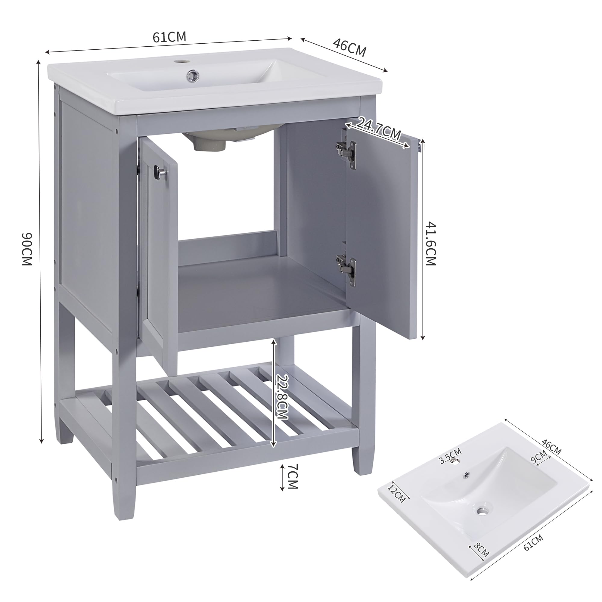 Mobile da bagno singolo con base 60 cm con lavabo in ceramica, grigio chiaro