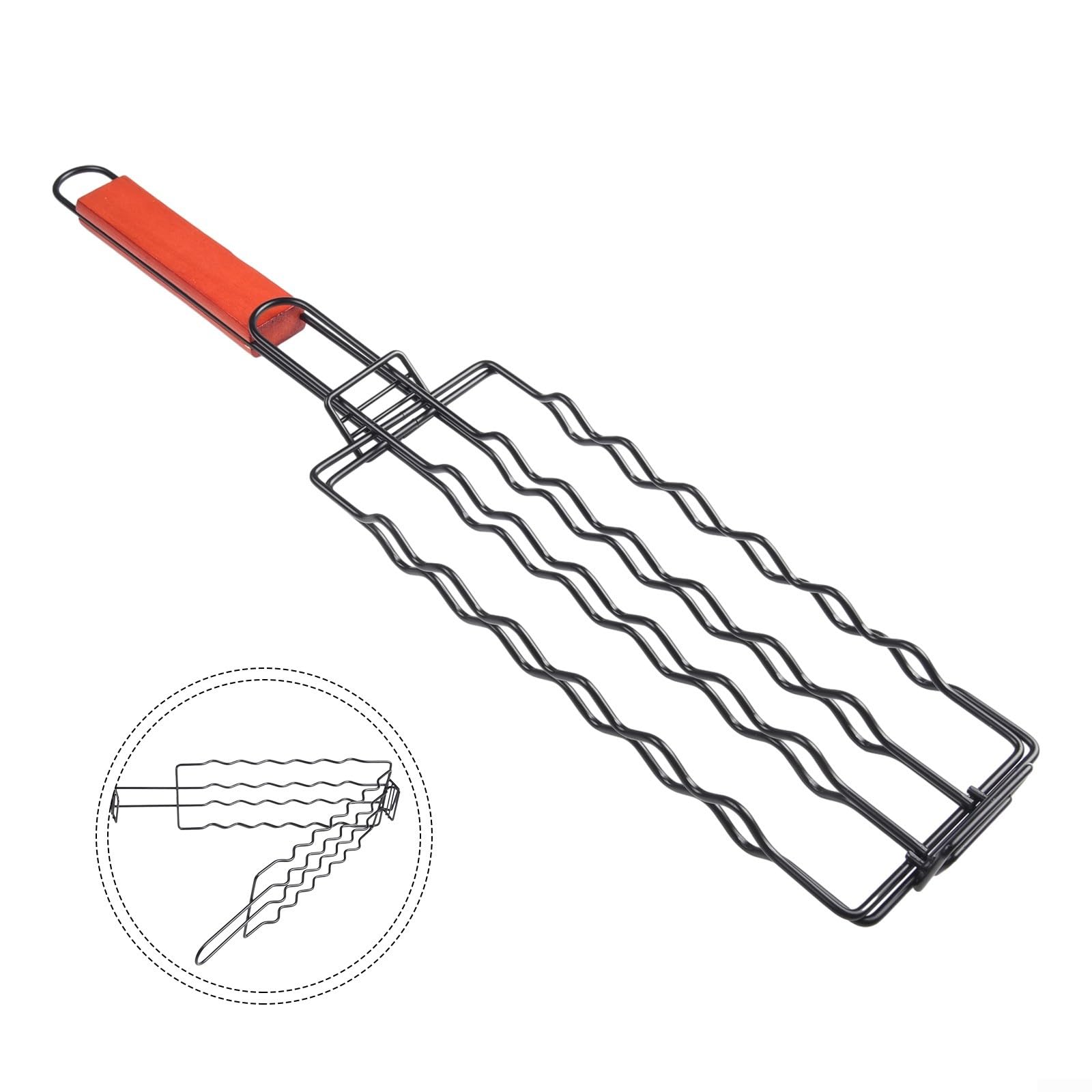 Stainless Steel BBQ Grill Basket for Hot Dogs, Vegetables & Meat - Heat Resistant Wood Handle, Lockable Design, Holds 6 Sausages for Backyard, Camping & Picnics