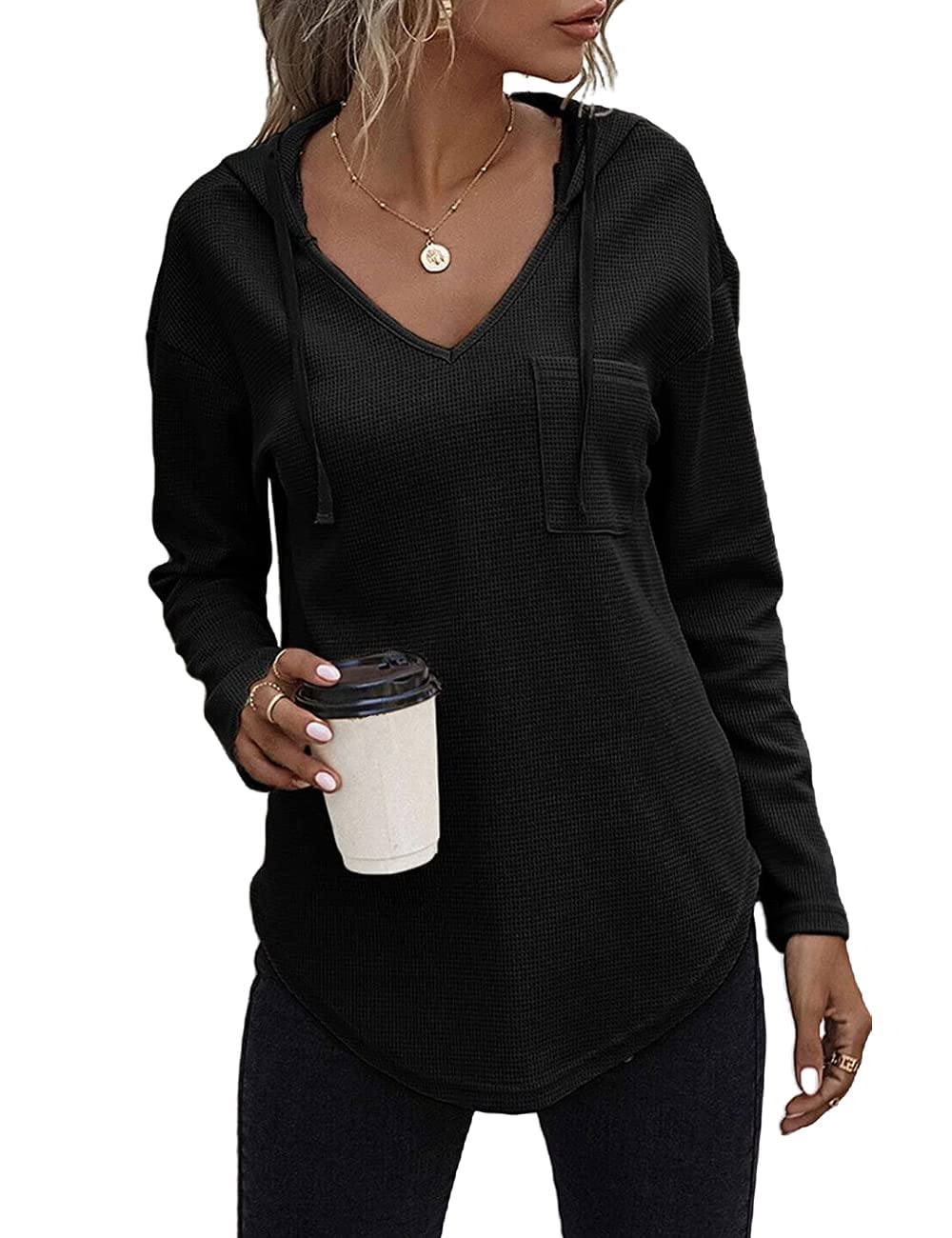 Cuptacc Felpa Donna con Cappuccio 2024 Maglione Scollo A V Autunno Maglia Manica Lunga Camicia Elegante